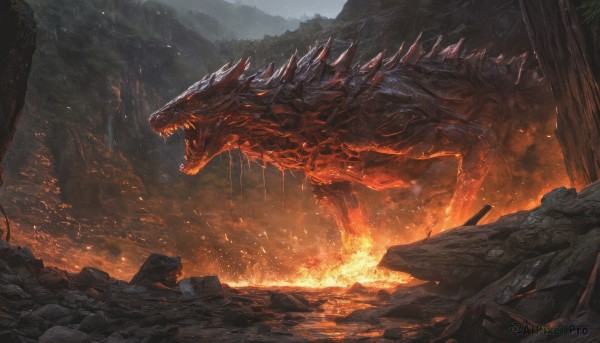 open mouth,outdoors,teeth,tree,no humans,fire,sharp teeth,nature,scenery,forest,monster,rock,mountain,fantasy,dragon,scales,embers,molten rock