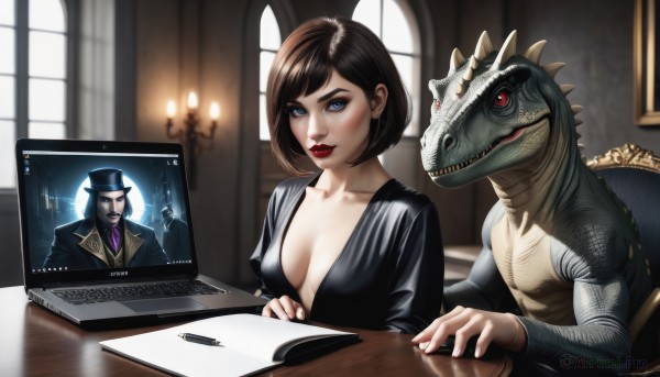 1girl,breasts,looking at viewer,smile,short hair,blue eyes,brown hair,black hair,red eyes,1boy,hat,dress,cleavage,medium breasts,sitting,collarbone,indoors,blurry,black dress,lips,window,no bra,makeup,chair,formal,suit,lipstick,monster,realistic,red lips,computer,monitor,laptop,keyboard (computer),plunging neckline,blush,swept bangs,table,eyeshadow,nose