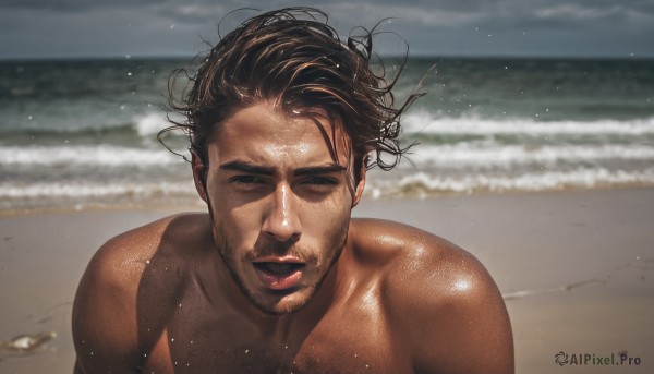 solo,smile,open mouth,brown hair,black hair,1boy,closed eyes,upper body,male focus,outdoors,parted lips,sky,teeth,day,shiny,dark skin,water,blurry,lips,wet,blurry background,facial hair,ocean,beach,dark-skinned male,messy hair,facing viewer,beard,topless male,realistic,mustache,sand,stubble,wet hair,chest hair,very dark skin,photo background,looking at viewer,short hair,nude,tongue,muscular,pectorals,muscular male,wind,portrait,bara,mature male