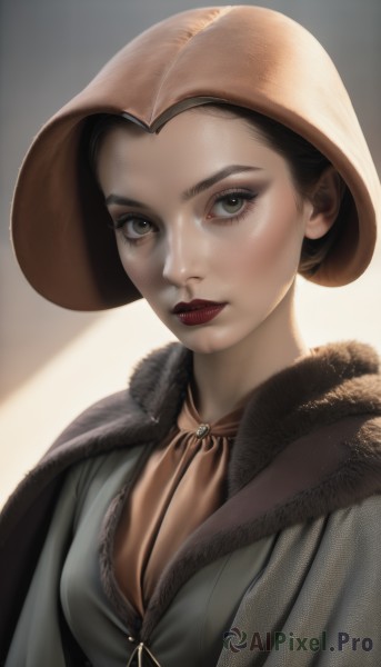 1girl,solo,breasts,looking at viewer,short hair,brown hair,black hair,hat,dress,brown eyes,closed mouth,upper body,lips,grey eyes,fur trim,eyelashes,makeup,lipstick,realistic,nose,brown headwear,red lips,simple background,portrait,eyeshadow