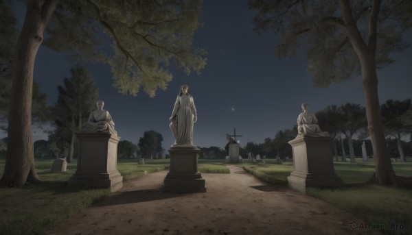 sitting,outdoors,sky,tree,no humans,night,moon,grass,night sky,scenery,statue,tombstone,graveyard,stone lantern,grave,day,cross,star (sky),nature,bush