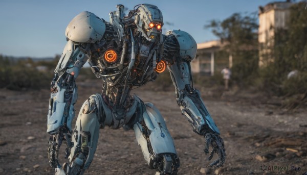 solo,outdoors,blurry,orange eyes,no humans,blurry background,glowing,robot,mecha,glowing eyes,science fiction,open hand,looking ahead,open hands,humanoid robot,military,realistic,one-eyed,photo background