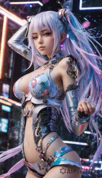 1girl,solo,long hair,breasts,looking at viewer,bangs,blue eyes,large breasts,hair ornament,navel,cleavage,bare shoulders,twintails,jewelry,medium breasts,very long hair,blue hair,pink hair,white hair,multicolored hair,cowboy shot,earrings,parted lips,detached sleeves,mole,blurry,arm up,leotard,two side up,lips,mole under eye,blurry background,headgear,revealing clothes,science fiction,realistic,android,closed mouth,standing,sidelocks,elbow gloves,shiny,from side,depth of field,piercing,nose,hand on own head,cyborg,cyberpunk