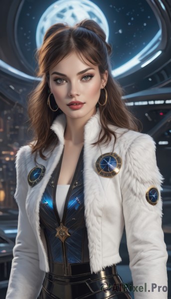 1girl,solo,long hair,breasts,looking at viewer,brown hair,long sleeves,cleavage,brown eyes,jewelry,medium breasts,jacket,upper body,earrings,parted lips,open clothes,necklace,lips,fur trim,makeup,moon,white jacket,lipstick,science fiction,hoop earrings,realistic,nose,red lips,bangs,dress,open jacket,parted bangs,grey eyes,cropped jacket,emblem,badge