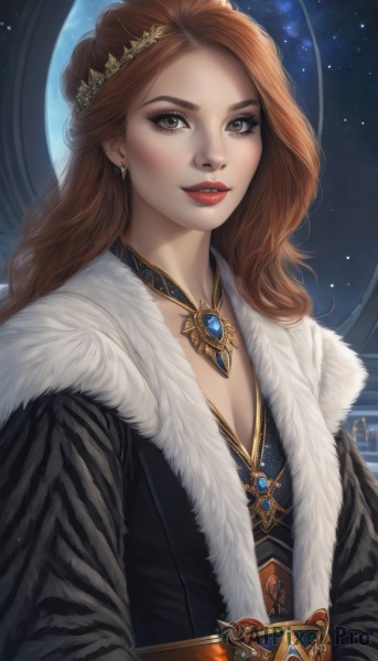 1girl,solo,long hair,breasts,looking at viewer,smile,brown hair,hair ornament,dress,cleavage,brown eyes,jewelry,upper body,earrings,parted lips,sky,choker,belt,artist name,necklace,lips,coat,fur trim,makeup,night,lipstick,gem,star (sky),night sky,eyeshadow,starry sky,freckles,red lips,realistic