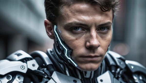 solo,looking at viewer,short hair,brown hair,black hair,1boy,closed mouth,male focus,armor,blurry,black eyes,blurry background,portrait,close-up,science fiction,realistic,android,cyborg,power armor,cyberpunk,blue eyes,lips,grey eyes,bodysuit,expressionless,lens flare,earpiece