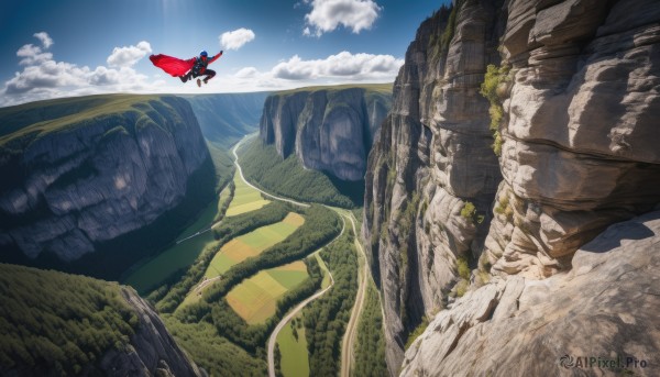 solo,1boy,male focus,outdoors,sky,day,cloud,cape,blue sky,sunlight,cloudy sky,nature,scenery,flying,rock,mountain,red cape,landscape,cliff,no humans,desert