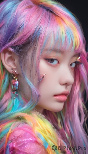 1girl,solo,long hair,looking at viewer,bangs,blonde hair,simple background,brown eyes,jewelry,closed mouth,blue hair,pink hair,multicolored hair,earrings,black eyes,from side,lips,eyelashes,gradient hair,makeup,piercing,lipstick,black background,gem,portrait,eyeshadow,pink lips,realistic,nose,eyeliner,colorful,rainbow hair,aqua hair,watermark