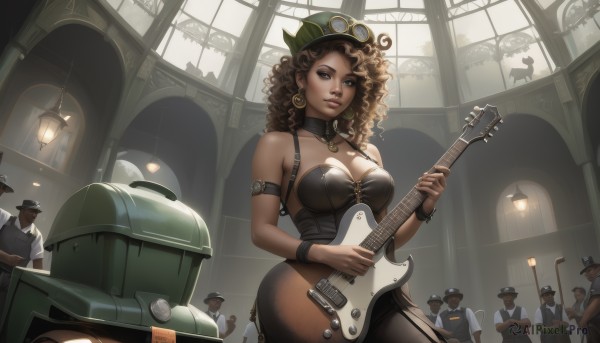 1girl,long hair,breasts,looking at viewer,blue eyes,large breasts,brown hair,hat,dress,holding,cleavage,bare shoulders,brown eyes,jewelry,medium breasts,earrings,parted lips,multiple boys,solo focus,choker,indoors,dark skin,uniform,black dress,bracelet,dark-skinned female,lips,military,watermark,robot,goggles,ground vehicle,instrument,armband,motor vehicle,armlet,6+boys,curly hair,goggles on head,hoop earrings,realistic,nose,music,guitar,leather,playing instrument,holding instrument,electric guitar,crowd,drum,bass guitar,afro,steampunk,drum set,necklace,collar,corset,lamp