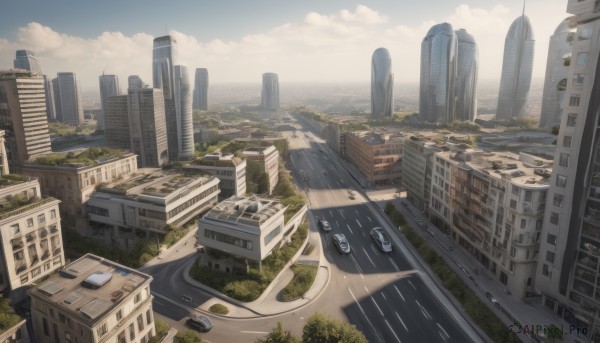 outdoors,sky,day,cloud,water,tree,no humans,window,ocean,ground vehicle,building,scenery,motor vehicle,city,horizon,car,road,cityscape,ruins,river,skyscraper,cloudy sky,watercraft,bridge