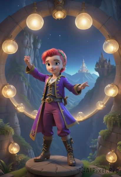 solo,smile,1boy,jewelry,standing,full body,weapon,pink hair,flower,male focus,red hair,hairband,earrings,boots,sky,belt,pants,sword,necklace,black eyes,coat,night,leaf,grass,knife,plant,sheath,child,star (sky),night sky,lantern,fantasy,dagger,castle,1girl,short hair,open mouth,brown eyes,teeth,artist name,freckles,lamp