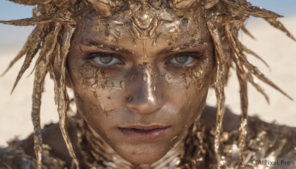 1girl,solo,looking at viewer,short hair,brown eyes,closed mouth,blurry,lips,grey eyes,eyelashes,blurry background,helmet,portrait,close-up,realistic,headpiece,straight-on,gold,blonde hair,1boy,yellow eyes,male focus,scales,cracked skin