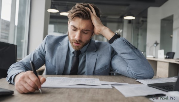 solo,short hair,brown hair,shirt,long sleeves,1boy,holding,sitting,closed mouth,jacket,closed eyes,upper body,male focus,one eye closed,necktie,collared shirt,indoors,blurry,blurry background,facial hair,formal,table,suit,black necktie,beard,desk,hand in own hair,watch,paper,realistic,grey jacket,stubble,pen,wristwatch,lamp,computer,hand on own head,holding pen,office,blue shirt,blue jacket,laptop,writing,ceiling light,denim jacket