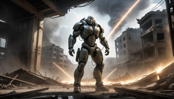 HQ,solo,1boy,standing,weapon,male focus,outdoors,sky,cloud,armor,no humans,glowing,robot,building,mecha,glowing eyes,smoke,science fiction,city,realistic,military vehicle,cable,ruins,damaged,debris,rubble,orange eyes,cloudy sky,ground vehicle,dust,laser