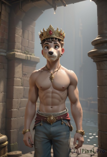 solo,looking at viewer,smile,short hair,brown hair,1boy,navel,brown eyes,jewelry,closed mouth,nipples,standing,male focus,cowboy shot,earrings,outdoors,belt,pants,necklace,stomach,black eyes,bracelet,muscular,abs,thick eyebrows,crown,pectorals,denim,muscular male,bara,furry,toned,topless male,jeans,arms at sides,blue pants,furry male,pillar,animal ears,day,water,sunlight,gem,large pectorals,male child,fountain