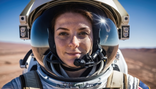 1girl,solo,looking at viewer,smile,brown hair,1boy,brown eyes,closed mouth,upper body,male focus,outdoors,sky,day,blurry,blue sky,lips,blurry background,helmet,portrait,lens flare,freckles,science fiction,glint,realistic,dirty,american flag,spacesuit,desert,space helmet,united states,astronaut,reflection,camera,planet