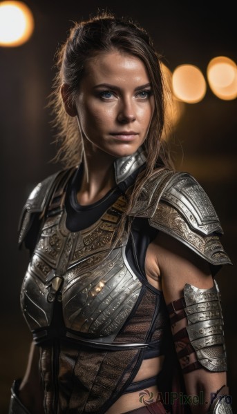 1girl,solo,long hair,looking at viewer,blue eyes,brown hair,closed mouth,upper body,armor,blurry,lips,grey eyes,shoulder armor,pauldrons,breastplate,realistic,nose,chainmail,boobplate,black hair,cape,scar