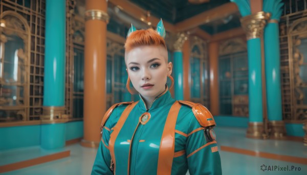 1girl,solo,looking at viewer,short hair,blue eyes,hair ornament,closed mouth,jacket,upper body,indoors,orange hair,blurry,lips,bodysuit,makeup,forehead,science fiction,realistic,breasts,jewelry,medium breasts,earrings,parted lips,hair bun,black eyes,blurry background,lipstick,nose,red lips,hair behind ear,pillar