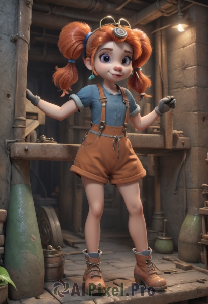 1girl,solo,long hair,smile,blue eyes,shirt,gloves,twintails,jewelry,closed mouth,standing,purple eyes,full body,short sleeves,earrings,boots,shoes,shorts,black gloves,indoors,orange hair,brown footwear,suspenders,blue shirt,child,freckles,female child,overalls,suspender shorts,barrel,industrial pipe,overall shorts,looking at viewer,hair ornament,necklace,black eyes,lips,ankle boots,brown shorts