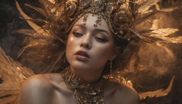 1girl,solo,long hair,looking at viewer,blue eyes,brown hair,hair ornament,bare shoulders,jewelry,collarbone,upper body,earrings,parted lips,wings,teeth,necklace,mole,lips,half-closed eyes,feathers,gem,portrait,freckles,brown background,circlet,realistic,headdress,brown theme,mole on cheek,eyelashes,makeup,gold