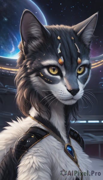 solo,looking at viewer,jewelry,closed mouth,yellow eyes,upper body,sky,artist name,signature,no humans,animal,moon,cat,brooch,gem,portrait,star (sky),furry,starry sky,colored sclera,space,animal focus,forehead jewel,planet,whiskers,black fur,1girl,animal ears,teeth,necklace,slit pupils,pendant,realistic,white fur,yellow sclera,earth (planet),grey fur