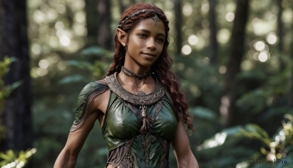 1girl,solo,long hair,breasts,looking at viewer,smile,brown hair,brown eyes,jewelry,medium breasts,upper body,braid,earrings,choker,pointy ears,dark skin,necklace,armor,blurry,dark-skinned female,lips,depth of field,blurry background,elf,nature,forest,circlet,realistic,covered nipples