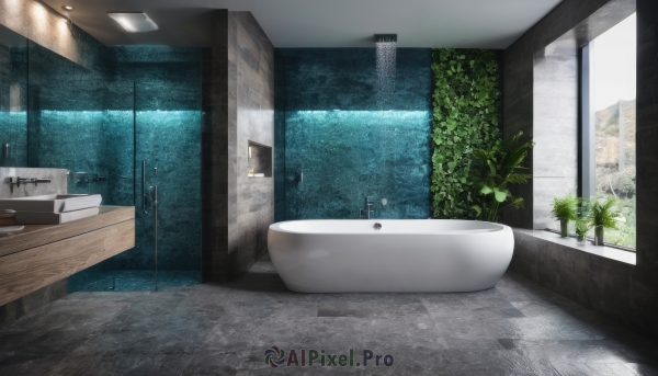 indoors,water,tree,no humans,window,table,plant,building,scenery,couch,reflection,mirror,door,tiles,potted plant,tile floor,bathroom,bathtub,tile wall,toilet,sink,faucet,day,sunlight,wooden floor