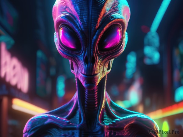 solo,looking at viewer,1boy,purple eyes,collarbone,upper body,male focus,teeth,pink eyes,blurry,bodysuit,depth of field,blurry background,glowing,portrait,alien,tokusatsu,neon lights,1girl,open mouth,no humans,night,facing viewer,science fiction,city,city lights,cyberpunk