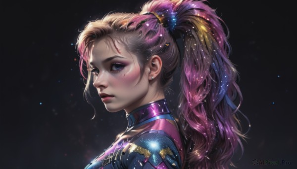 1girl,solo,long hair,looking at viewer,blush,bangs,blue eyes,blonde hair,simple background,brown hair,hair ornament,jewelry,closed mouth,upper body,ponytail,pink hair,purple hair,multicolored hair,earrings,shiny,from side,two-tone hair,lips,eyelashes,bodysuit,makeup,piercing,high ponytail,lipstick,black background,portrait,eyeshadow,freckles,realistic,nose,stud earrings,eyeliner,mascara,k/da (league of legends),artist name,shiny hair,gradient hair,profile,wavy hair,ear piercing,light particles,red lips,dark background