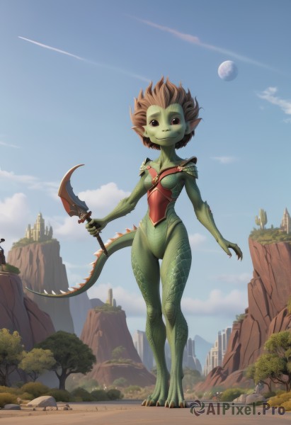 1girl,solo,breasts,looking at viewer,smile,short hair,brown hair,holding,standing,tail,full body,weapon,small breasts,outdoors,sky,day,pointy ears,cloud,holding weapon,black eyes,tree,blue sky,colored skin,thigh gap,moon,knife,monster girl,claws,dragon girl,city,fantasy,dragon tail,scales,giant,green skin,giantess,alien,desert,fewer digits,closed mouth,barefoot,solo focus,fang,ass visible through thighs,full moon,walking,mountain,aircraft,holding knife,road,planet,castle,cliff,goblin