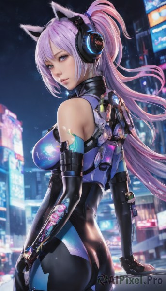 1girl,solo,long hair,breasts,looking at viewer,bangs,blue eyes,large breasts,gloves,animal ears,bare shoulders,medium breasts,standing,purple eyes,ponytail,pink hair,purple hair,ass,cowboy shot,outdoors,black gloves,elbow gloves,shiny,looking back,cat ears,from behind,blurry,lips,bodysuit,night,blurry background,headphones,arm support,skin tight,science fiction,shiny clothes,city,latex,animal ear headphones,cat ear headphones,sky,fake animal ears,building,cityscape,cyberpunk