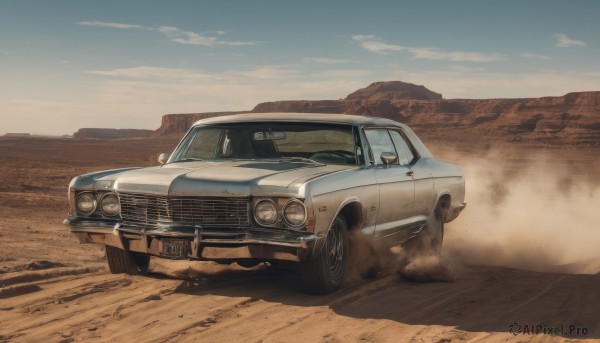 outdoors,sky,day,cloud,blue sky,no humans,shadow,ground vehicle,scenery,motor vehicle,mountain,sand,car,road,vehicle focus,desert,driving,dust,wheel,sports car,truck,smoke,realistic,mountainous horizon