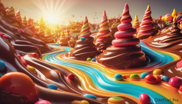 green eyes,outdoors,food,water,no humans,fruit,building,candy,scenery,cake,sunset,chocolate,strawberry,sun,cherry,food focus,sweets,icing,sky,tree,sunlight,lens flare,valentine,ice cream,rainbow