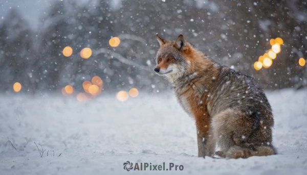 outdoors, signature, blurry, no humans, animal, snow, dog, snowing, realistic, animal focus, winter