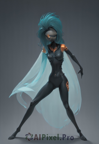 1girl,solo,long hair,breasts,looking at viewer,simple background,medium breasts,blue hair,standing,full body,small breasts,grey background,cape,aqua hair,bodysuit,mask,glowing,colored skin,robot,science fiction,legs apart,android,joints,cyborg,robot joints,black skin,very long hair,dark skin,orange eyes,glowing eyes