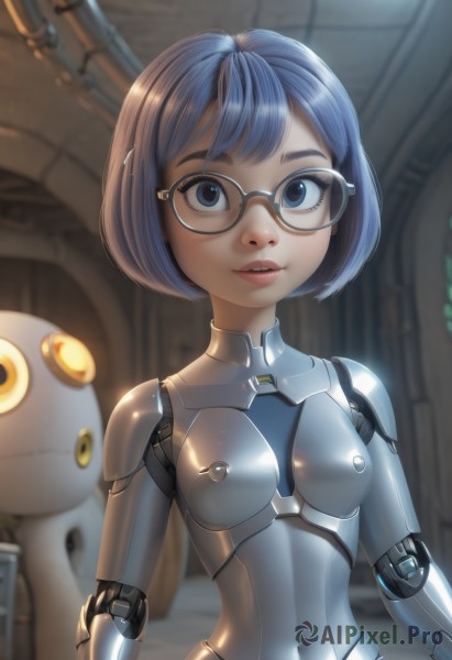 1girl,solo,breasts,looking at viewer,short hair,bangs,blue eyes,blue hair,upper body,small breasts,parted lips,glasses,shiny,artist name,indoors,signature,blurry,lips,bodysuit,blurry background,bob cut,robot,skin tight,science fiction,black-framed eyewear,round eyewear,android,joints,mechanical arms,cyborg,doll joints,robot joints,cyberpunk,navel,teeth,eyelashes,covered navel,semi-rimless eyewear,nose,humanoid robot