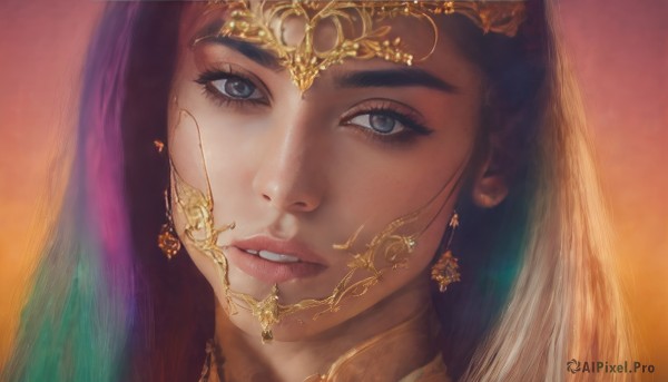 1girl,solo,long hair,looking at viewer,blue eyes,brown hair,jewelry,multicolored hair,earrings,parted lips,teeth,lips,grey eyes,eyelashes,makeup,gem,portrait,veil,close-up,circlet,realistic,nose,orange background,gold,head chain,purple hair