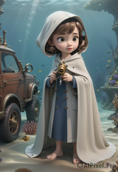 1girl,solo,short hair,bangs,brown hair,dress,holding,brown eyes,jewelry,standing,full body,earrings,barefoot,hood,water,lips,coat,blue dress,ocean,sunlight,ground vehicle,child,cloak,motor vehicle,hood up,fish,bubble,underwater,camera,female child,shell,starfish,holding camera,seashell,coral,weapon,gun,toes,watermark,robe,light rays,sand,air bubble,watercraft