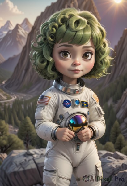 1girl,solo,looking at viewer,short hair,holding,brown eyes,closed mouth,standing,outdoors,green hair,sky,cloud,tree,lips,helmet,freckles,curly hair,mountain,realistic,sun,american flag,spacesuit,japanese flag,astronaut,blush,green eyes,rock,nose,badge