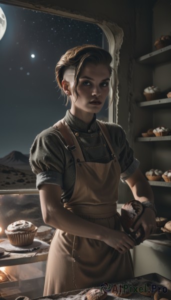 1girl,solo,looking at viewer,short hair,blue eyes,brown hair,shirt,black hair,holding,jewelry,standing,short sleeves,earrings,food,sky,puffy sleeves,indoors,apron,puffy short sleeves,lips,black shirt,window,night,moon,star (sky),night sky,full moon,plate,starry sky,freckles,cake,watch,chocolate,realistic,nose,wristwatch,bread,cookie,cooking,kitchen,cupcake,pastry,pie,cutting board,brown apron,dress,parted lips,bracelet,makeup,doughnut,moonlight