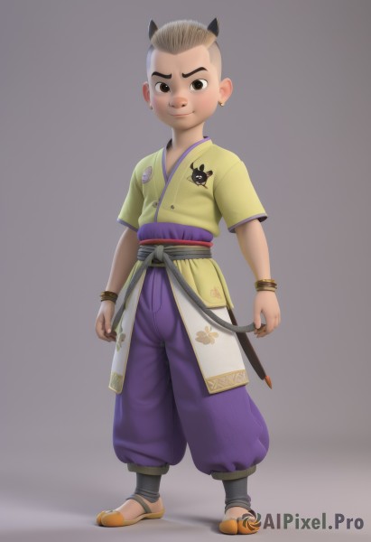 solo,looking at viewer,smile,simple background,brown hair,1boy,animal ears,brown eyes,jewelry,closed mouth,standing,full body,weapon,short sleeves,grey hair,male focus,earrings,japanese clothes,horns,pants,sword,grey background,bracelet,sash,sandals,sheath,child,sheathed,male child,puffy pants,mohawk