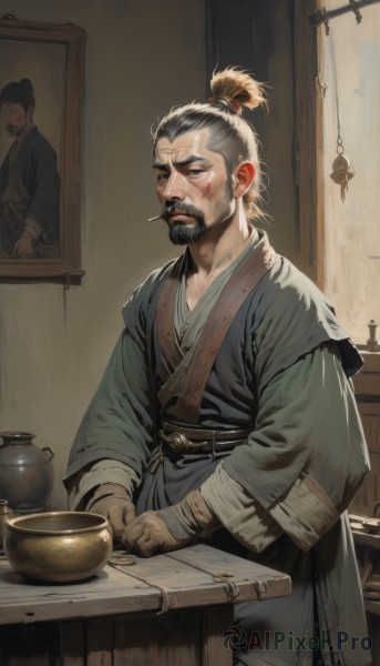 solo,looking at viewer,short hair,black hair,gloves,long sleeves,1boy,closed mouth,standing,weapon,grey hair,male focus,belt,sword,indoors,black eyes,sash,facial hair,scar,mouth hold,bandages,table,beard,scar on face,brown gloves,short ponytail,mustache,scar across eye,topknot,painting (object),sitting,hair bun,lips,grey eyes,chinese clothes,single hair bun,thick eyebrows,robe,realistic,smoking,teapot,old,portrait (object)