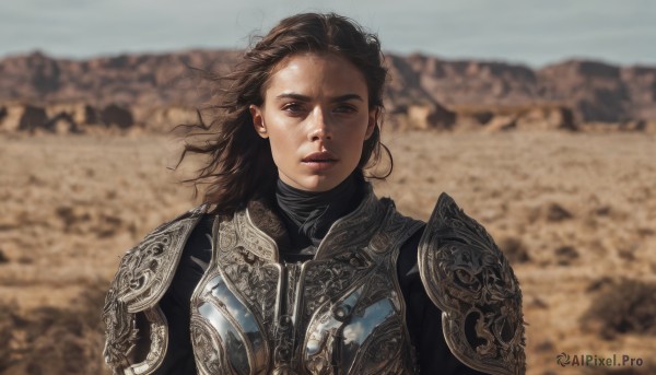 1girl,solo,long hair,looking at viewer,brown hair,brown eyes,closed mouth,upper body,outdoors,day,medium hair,armor,blurry,lips,blurry background,shoulder armor,pauldrons,breastplate,realistic,chainmail,desert