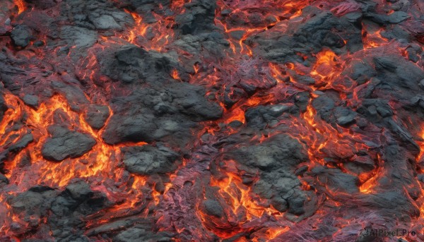 no humans, fire, scenery, rock, cave, molten rock