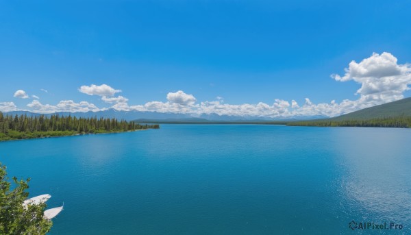 outdoors,sky,day,cloud,water,tree,blue sky,no humans,ocean,cloudy sky,grass,nature,scenery,forest,reflection,horizon,watercraft,river,boat,landscape,lake,reflective water,mountain,summer,island