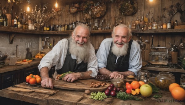 smile,open mouth,shirt,long sleeves,closed eyes,white shirt,white hair,male focus,food,multiple boys,collared shirt,indoors,2boys,apron,vest,cup,fruit,facial hair,table,ring,bottle,knife,beard,plate,alcohol,sleeves rolled up,drinking glass,black vest,mustache,apple,basket,carrot,bald,old,old man,cooking,orange (fruit),wine bottle,lemon,tomato,vegetable,frying pan,bar (place),counter,kitchen knife,wrinkled skin,cutting board,onion,jewelry,grey hair,one eye closed,grin,scar,plant,scar on face,realistic,fantasy,scar across eye,grapes