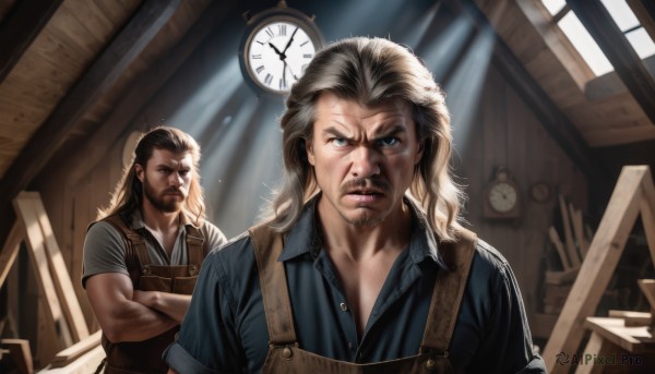 long hair,looking at viewer,blue eyes,blonde hair,brown hair,shirt,upper body,short sleeves,male focus,multiple boys,collared shirt,indoors,2boys,apron,window,muscular,facial hair,scar,crossed arms,sunlight,beard,scar on face,realistic,mustache,scar across eye,stubble,clock,overalls,manly,black hair,lips,blue shirt,veins,light rays