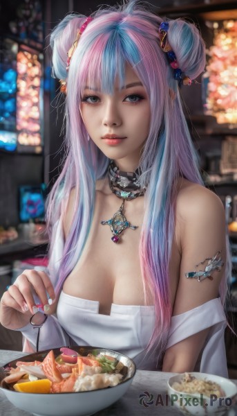 1girl,solo,long hair,breasts,looking at viewer,bangs,large breasts,hair ornament,holding,cleavage,bare shoulders,jewelry,closed mouth,blue hair,collarbone,upper body,pink hair,multicolored hair,food,choker,indoors,necklace,hair bun,nail polish,blurry,black eyes,collar,two-tone hair,lips,streaked hair,fingernails,grey eyes,double bun,makeup,blurry background,pink nails,bowl,chopsticks,realistic,spoon,holding spoon,noodles,ramen,medium breasts,artist name,strapless,tattoo