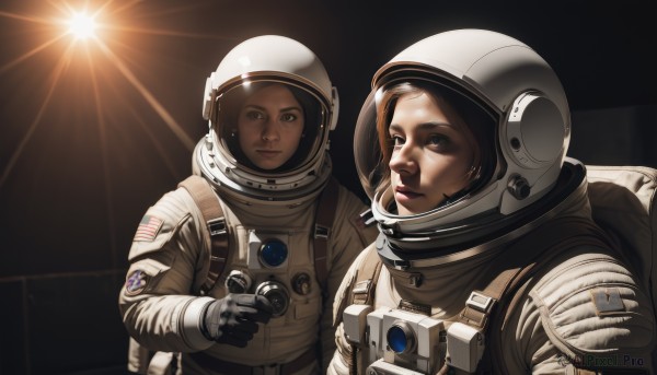 1girl,looking at viewer,multiple girls,brown hair,gloves,1boy,holding,2girls,brown eyes,closed mouth,upper body,bag,lips,backpack,helmet,science fiction,realistic,camera,american flag,spacesuit,astronaut,sun,space,planet,earth (planet),spacecraft,japanese flag,space helmet,united states