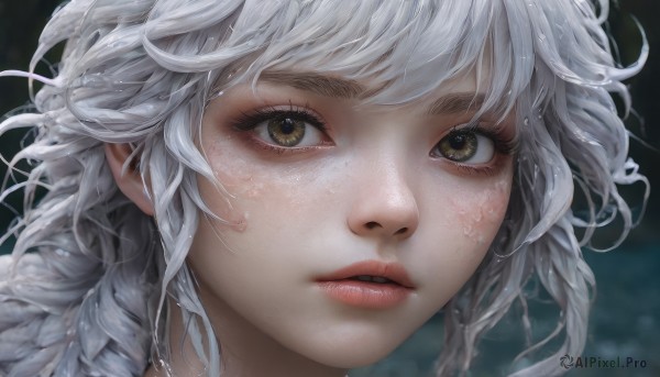 1girl,solo,long hair,looking at viewer,bangs,brown eyes,braid,white hair,parted lips,teeth,blurry,lips,wet,eyelashes,blurry background,messy hair,portrait,close-up,freckles,realistic,nose,wet hair,short hair,yellow eyes,curly hair